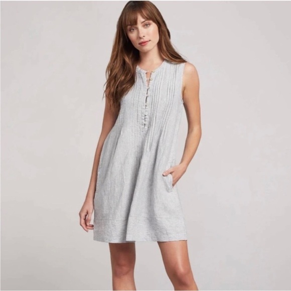 Faherty Isha Dress Linen Blue Mini Stripe Size S NEW - Picture 3 of 16